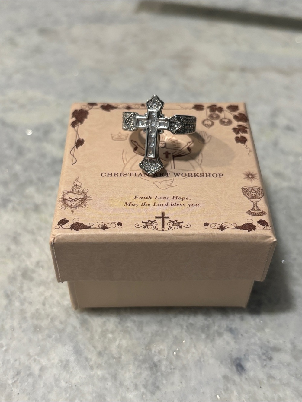 Cross Pendant Ring with Decorative Accents - Silver Tone